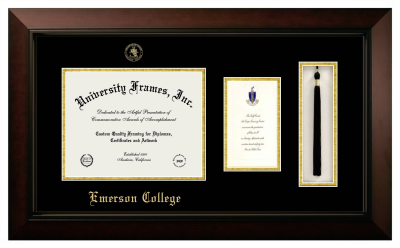 Emerson College Diploma with Announcement & Tassel Box Frame in Legacy Black Cherry with Black & Gold Mats for document: 8 1/2"h x 11"w  , diploma: 7"h x 4"w  