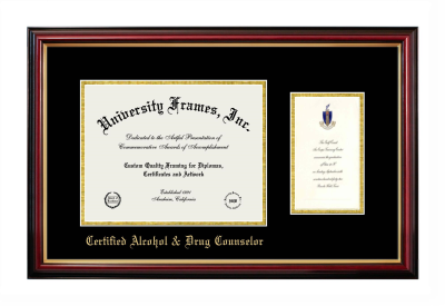 Certified Alcohol & Drug Counselor Diploma with Announcement Frame in Petite Mahogany with Gold Trim with Black & Gold Mats for document: 8 1/2"h x 11"w  , diploma: 7"h x 4"w  
