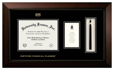 Certified Financial Planner Diploma with Announcement & Tassel Box Frame in Legacy Black Cherry with Black & Black Mats for document: 8 1/2"h x 11"w  , diploma: 7"h x 4"w  
