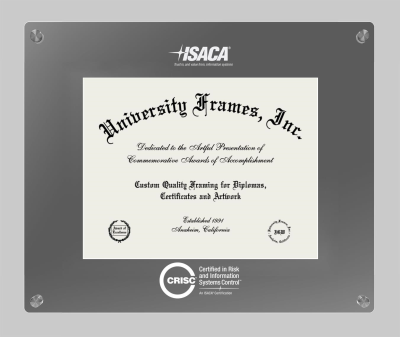 Certified in Risk and Information Systems Control (ISACA) Lucent Clear-over-Smoke Frame in Lucent Smoke Moulding with Lucent Smoke Mat for document: 8 1/2"h x 11"w  