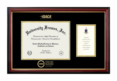 Certified in Risk and Information Systems Control (ISACA) Diploma with Announcement Frame in Petite Mahogany with Gold Trim with Black & Gold Mats for document: 8 1/2"h x 11"w  , diploma: 7"h x 4"w  