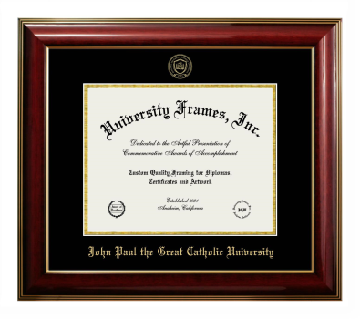 John Paul the Great Catholic University Diploma Frame in Classic Mahogany with Gold Trim with Black & Gold Mats for document: 8 1/2"h x 11"w  