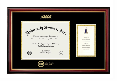 Certified Information Security Manager (ISACA) Diploma with Announcement Frame in Petite Mahogany with Gold Trim with Black & Gold Mats for document: 8 1/2"h x 11"w  , diploma: 7"h x 4"w  