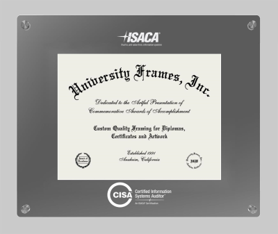 Certified Information Systems Auditor (ISACA) Lucent Clear-over-Smoke Frame in Lucent Smoke Moulding with Lucent Smoke Mat for document: 8 1/2"h x 11"w  