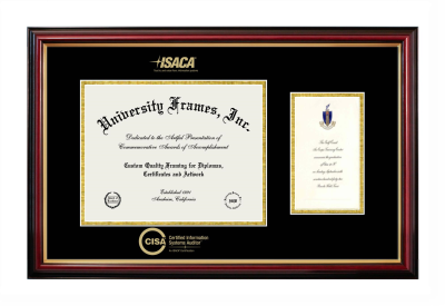 Certified Information Systems Auditor (ISACA) Diploma with Announcement Frame in Petite Mahogany with Gold Trim with Black & Gold Mats for document: 8 1/2"h x 11"w  , diploma: 7"h x 4"w  