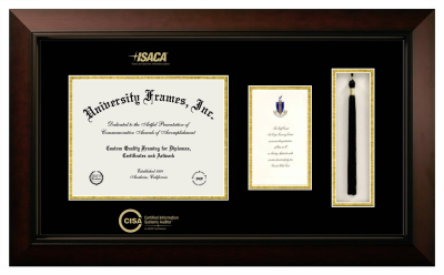 Certified Information Systems Auditor (ISACA) Diploma with Announcement & Tassel Box Frame in Legacy Black Cherry with Black & Gold Mats for document: 8 1/2"h x 11"w  , diploma: 7"h x 4"w  