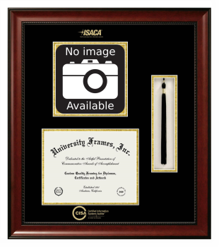 Certified Information Systems Auditor (ISACA) Double Opening with Campus Image & Tassel Box (Stacked) Frame in Avalon Mahogany with Black & Gold Mats for document: 8 1/2"h x 11"w  