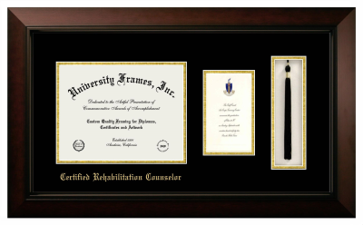 Certified Rehabilitation Counselor Diploma with Announcement & Tassel Box Frame in Legacy Black Cherry with Black & Gold Mats for document: 8 1/2"h x 11"w  , diploma: 7"h x 4"w  