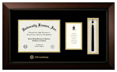 CFA Institute Diploma with Announcement & Tassel Box Frame in Legacy Black Cherry with Black & Gold Mats for document: 8 1/2"h x 11"w  , diploma: 7"h x 4"w  