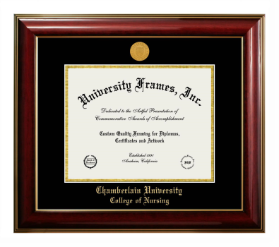 Chamberlain University College of Nursing Diploma Frame in Classic Mahogany with Gold Trim with Black & Gold Mats for document: 8 1/2"h x 11"w  