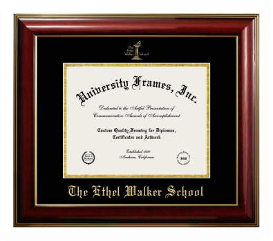Ethel Walker School Diploma Frame in Classic Mahogany with Gold Trim with Black & Gold Mats for document: 8 1/2"h x 11"w  