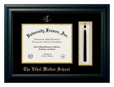 Ethel Walker School Diploma with Tassel Box Frame in Satin Black with Black & Gold Mats for document: 8 1/2"h x 11"w  