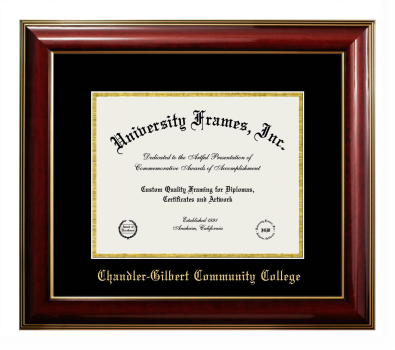Chandler-Gilbert Community College Diploma Frame in Classic Mahogany with Gold Trim with Black & Gold Mats for document: 8 1/2"h x 11"w  