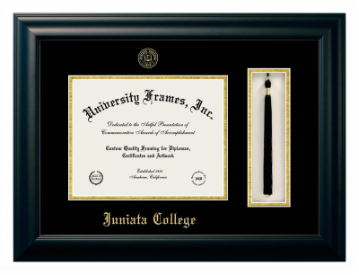 Juniata College Diploma with Tassel Box Frame in Satin Black with Black & Gold Mats for document: 8 1/2"h x 11"w  