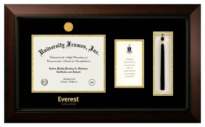 Everest College Diploma with Announcement & Tassel Box Frame in Legacy Black Cherry with Black & Gold Mats for document: 8 1/2"h x 11"w  , diploma: 7"h x 4"w  