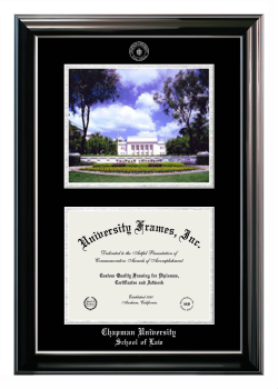 Chapman University School of Law Double Opening with Campus Image (Stacked) Frame in Classic Ebony with Silver Trim with Black & Silver Mats for document: 8 1/2"h x 11"w  