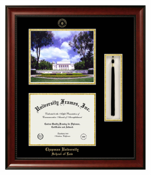Chapman University School of Law Double Opening with Campus Image & Tassel Box (Stacked) Frame in Avalon Mahogany with Black & Gold Mats for document: 8 1/2"h x 11"w  
