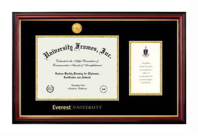 Everest University Diploma with Announcement Frame in Petite Mahogany with Gold Trim with Black & Gold Mats for document: 8 1/2"h x 11"w  , diploma: 7"h x 4"w  