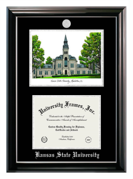 Kansas State University Double Opening with Campus Image (Stacked) Frame in Classic Ebony with Silver Trim with Black & Silver Mats for document: 8 1/2"h x 11"w  