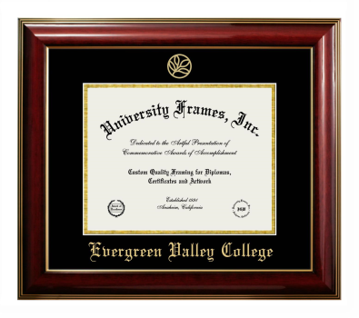 Evergreen Valley College Diploma Frame in Classic Mahogany with Gold Trim with Black & Gold Mats for document: 8 1/2"h x 11"w  