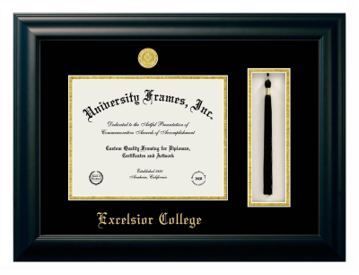 Excelsior College Diploma with Tassel Box Frame in Satin Black with Black & Gold Mats for document: 8 1/2"h x 11"w  