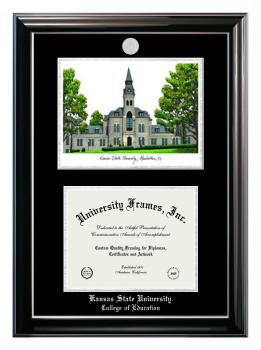 Kansas State University College of Education Double Opening with Campus Image (Stacked) Frame in Classic Ebony with Silver Trim with Black & Silver Mats for document: 8 1/2"h x 11"w  