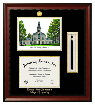 Kansas State University College of Engineering Double Opening with Campus Image & Tassel Box (Stacked) Frame in Avalon Mahogany with Black & Gold Mats for document: 8 1/2"h x 11"w  