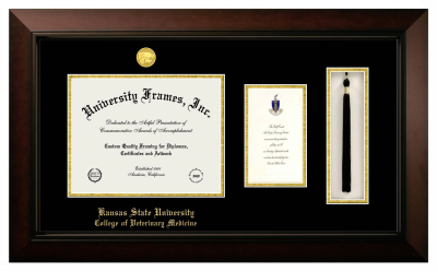 Kansas State University College of Veterinary Medicine Diploma with Announcement & Tassel Box Frame in Legacy Black Cherry with Black & Gold Mats for document: 8 1/2"h x 11"w  , diploma: 7"h x 4"w  