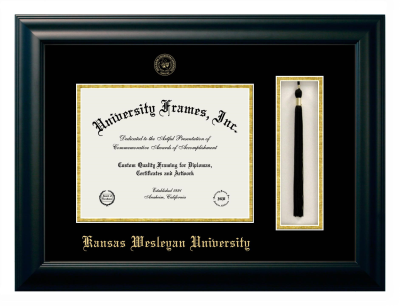 Kansas Wesleyan University Diploma with Tassel Box Frame in Satin Black with Black & Gold Mats for document: 8 1/2"h x 11"w  