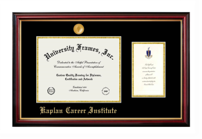 Kaplan Career Institute Diploma with Announcement Frame in Petite Mahogany with Gold Trim with Black & Gold Mats for document: 8 1/2"h x 11"w  , diploma: 7"h x 4"w  