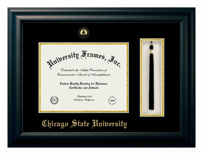 Chicago State University Diploma with Tassel Box Frame in Satin Black with Black & Gold Mats for document: 8 1/2"h x 11"w  