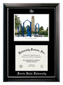 Ferris State University Double Opening with Campus Image (Stacked) Frame in Classic Ebony with Silver Trim with Black & Silver Mats for document: 8 1/2"h x 11"w  