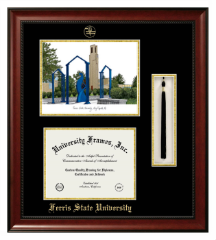 Ferris State University Double Opening with Campus Image & Tassel Box (Stacked) Frame in Avalon Mahogany with Black & Gold Mats for document: 8 1/2"h x 11"w  