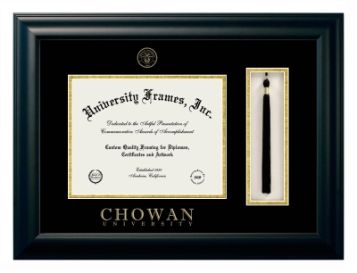 Chowan University Diploma with Tassel Box Frame in Satin Black with Black & Gold Mats for document: 8 1/2"h x 11"w  