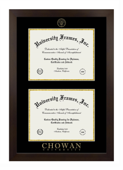 Chowan University Double Diploma Frame in Manhattan Espresso with Black & Gold Mats for document: 8 1/2"h x 11"w  , document: 8 1/2"h x 11"w  