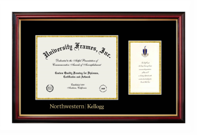 Kellogg School of Management (Northwestern University) Diploma with Announcement Frame in Petite Mahogany with Gold Trim with Black & Gold Mats for document: 8 1/2"h x 11"w  , diploma: 7"h x 4"w  