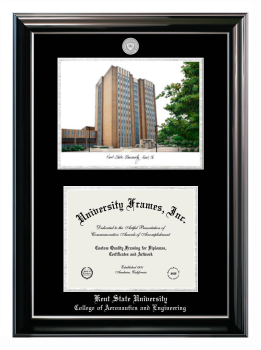 Kent State University College of Aeronautics and Engineering Double Opening with Campus Image (Stacked) Frame in Classic Ebony with Silver Trim with Black & Silver Mats for document: 8 1/2"h x 11"w  