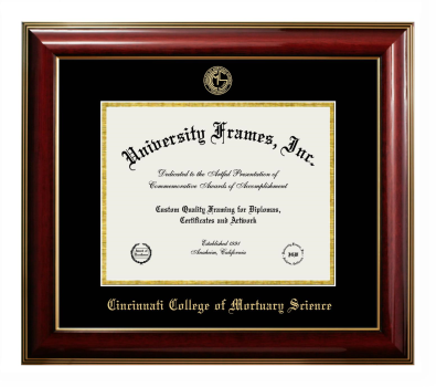 Cincinnati College of Mortuary Science Diploma Frame in Classic Mahogany with Gold Trim with Black & Gold Mats for document: 8 1/2"h x 11"w  