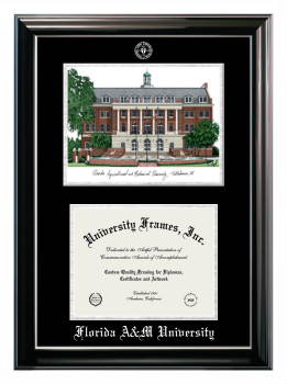 Florida A&M University Double Opening with Campus Image (Stacked) Frame in Classic Ebony with Silver Trim with Black & Silver Mats for document: 8 1/2"h x 11"w  