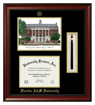Florida A&M University Double Opening with Campus Image & Tassel Box (Stacked) Frame in Avalon Mahogany with Black & Gold Mats for document: 8 1/2"h x 11"w  