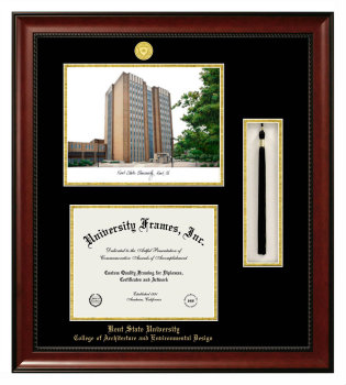 Kent State University College of Architecture and Environmental Design Double Opening with Campus Image & Tassel Box (Stacked) Frame in Avalon Mahogany with Black & Gold Mats for document: 8 1/2"h x 11"w  