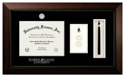 Florida Atlantic University (Boca Raton) Diploma with Announcement & Tassel Box Frame in Legacy Black Cherry with Black & Silver Mats for document: 8 1/2"h x 11"w  , diploma: 7"h x 4"w  