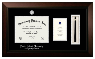 Florida Atlantic University (Boca Raton) College of Business Diploma with Announcement & Tassel Box Frame in Legacy Black Cherry with Black & Silver Mats for document: 8 1/2"h x 11"w  , diploma: 7"h x 4"w  