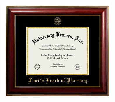 Florida Board of Pharmacy Diploma Frame in Classic Mahogany with Gold Trim with Black & Gold Mats for document: 8 1/2"h x 11"w  