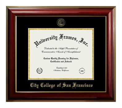 City College of San Francisco Diploma Frame in Classic Mahogany with Gold Trim with Black & Gold Mats for document: 8 1/2"h x 11"w  