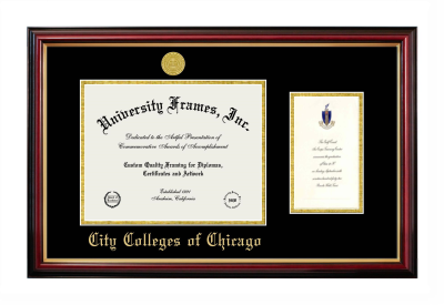 City Colleges of Chicago Diploma with Announcement Frame in Petite Mahogany with Gold Trim with Black & Gold Mats for document: 8 1/2"h x 11"w  , diploma: 7"h x 4"w  