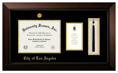 City of Los Angeles Diploma with Announcement & Tassel Box Frame in Legacy Black Cherry with Black & Gold Mats for document: 8 1/2"h x 11"w  , diploma: 7"h x 4"w  