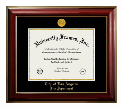 City of Los Angeles Fire Deparment Diploma Frame in Classic Mahogany with Gold Trim with Black & Gold Mats for document: 8 1/2"h x 11"w  