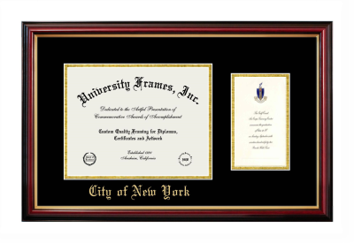 City of New York Diploma with Announcement Frame in Petite Mahogany with Gold Trim with Black & Gold Mats for document: 8 1/2"h x 11"w  , diploma: 7"h x 4"w  