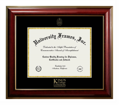 King's College-London Diploma Frame in Classic Mahogany with Gold Trim with Black & Gold Mats for document: 8 1/2"h x 11"w  